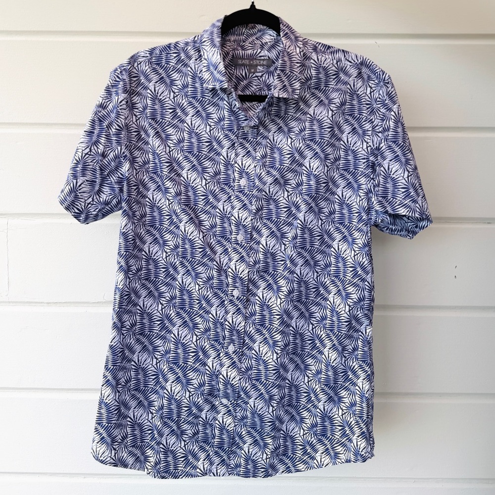 Slate & Stone Purple Leaf Print Short Sleeve Cotton Shirt